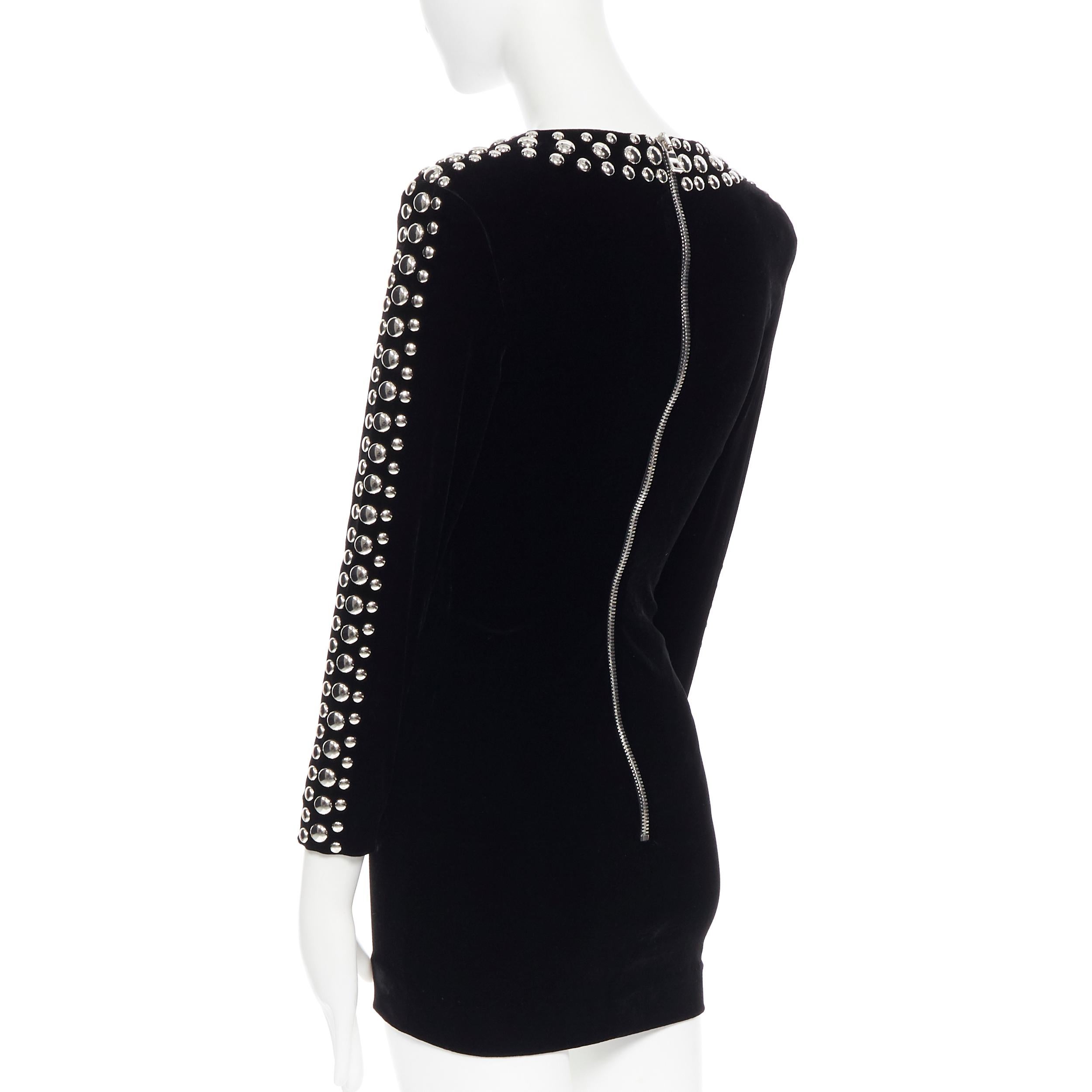 Women's BALMAIN ROUSTEING black velvet silver stud embellished V-neck mini dress FR36 S