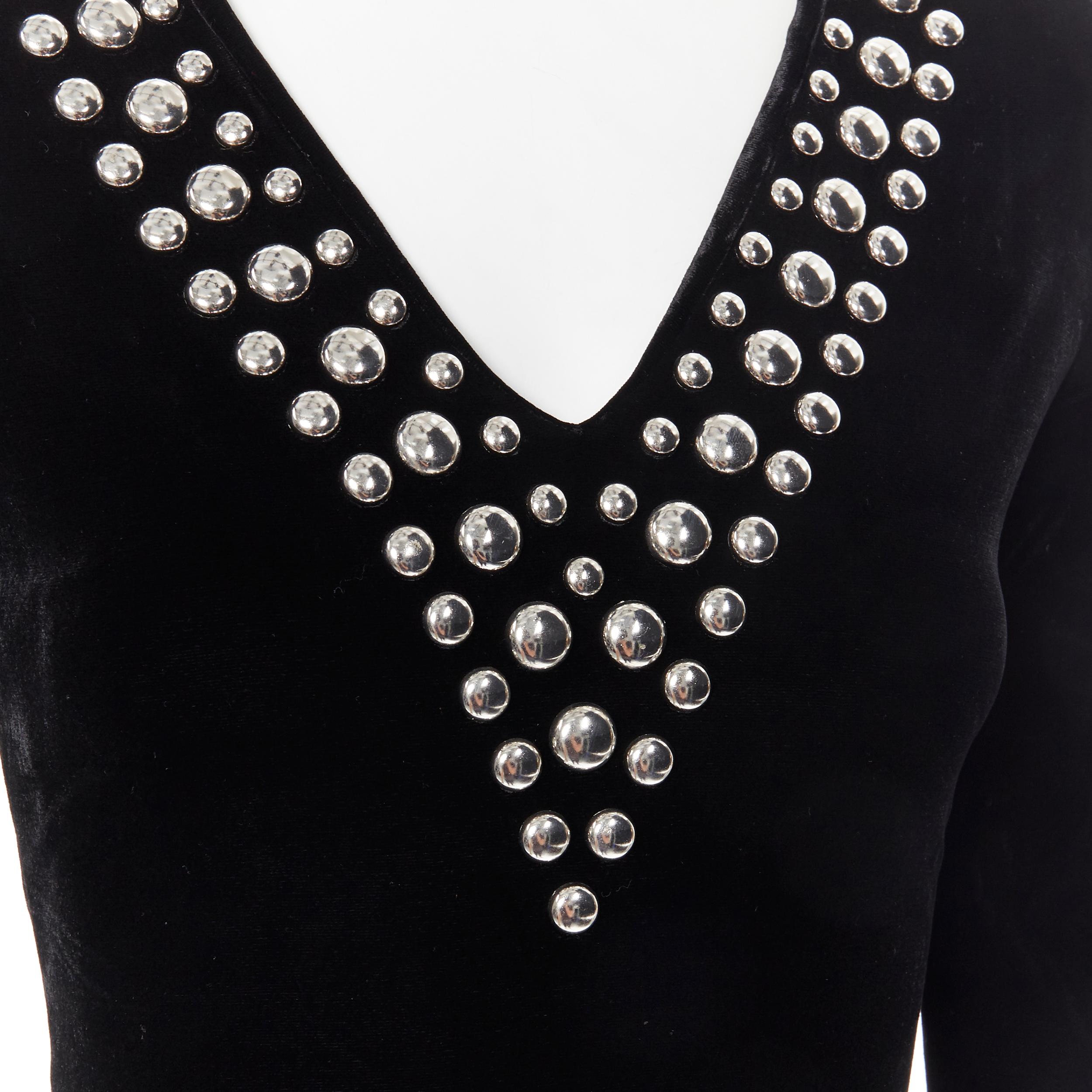BALMAIN ROUSTEING black velvet silver stud embellished V-neck mini dress FR36 S 1