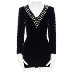 BALMAIN ROUSTEING black velvet silver stud embellished V-neck mini dress FR36 S