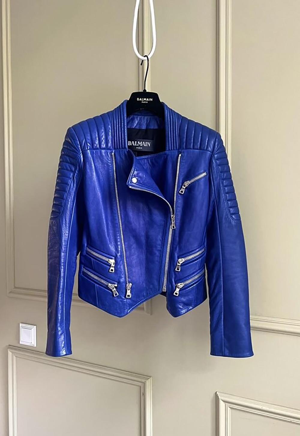 Balmain Royal Blue Leather Biker Jacket In Excellent Condition In Dubai, AE
