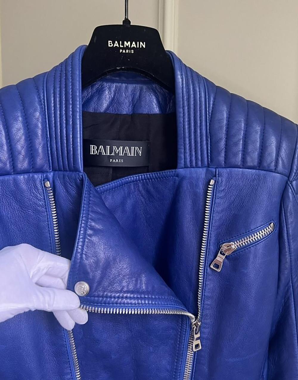 Women's or Men's Balmain Royal Blue Leather Biker Jacket