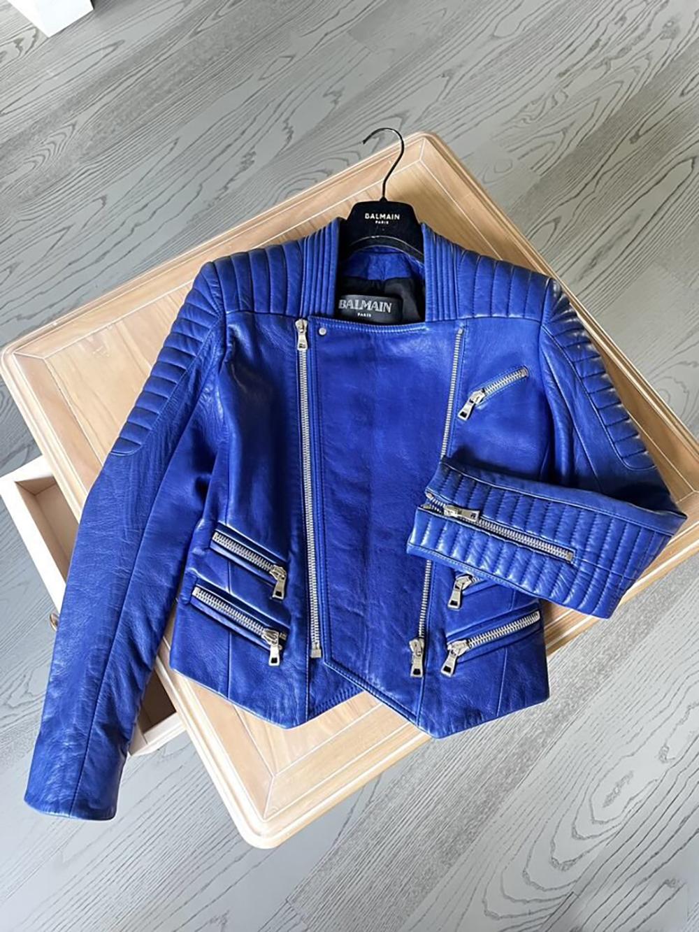 Balmain Royal Blue Leather Biker Jacket 3