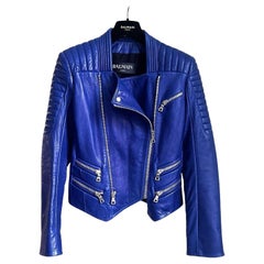 Balmain Royal Blue Leather Biker Jacket
