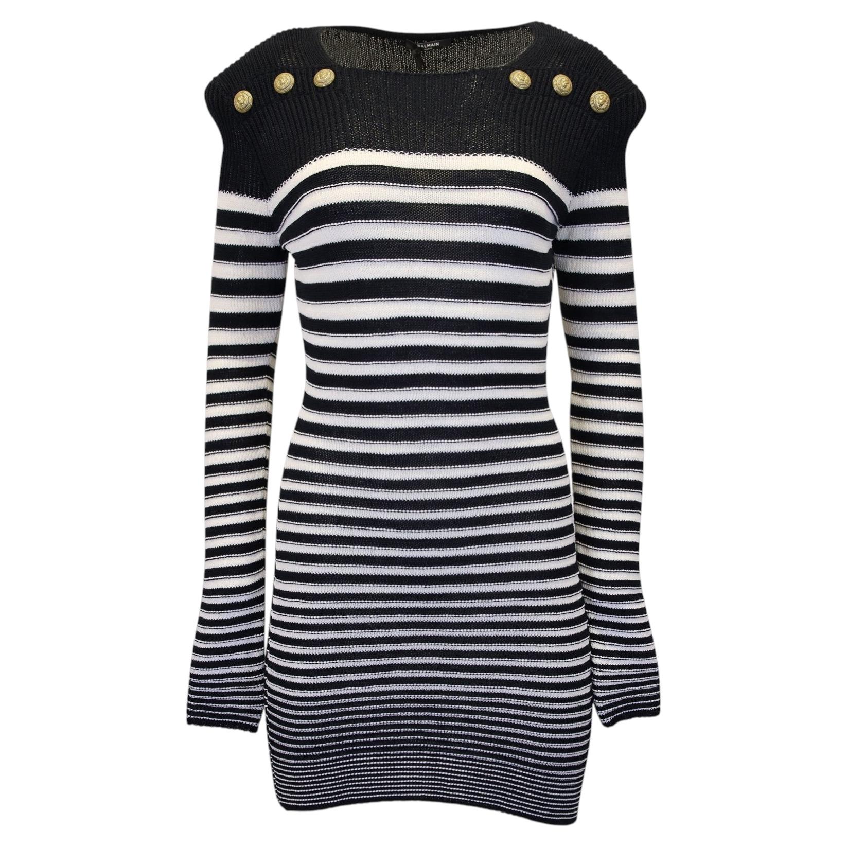 Balmain Sailor Style Knitted Striped Dress in Navy Blue Polyamide For Sale