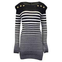 Balmain Sailor Style Knitted Striped Dress in Navy Blue Polyamide
