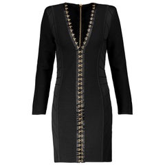 Balmain Satin-Trimmed Embellished Paneled Bandage Mini Dress