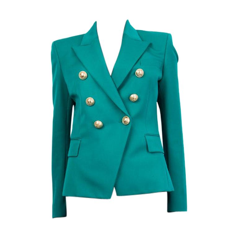 BALMAIN sea green wool SIGNATURE DOUBLE BREASTED Blazer Jacket 38 at ...