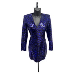 BALMAIN Sequined Leopard Print Mini Dress in Electric Blue & Black - Size FR 38