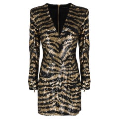 Balmain Sequined Tiger-Stripe Mini Dress, Black/Gold NWT