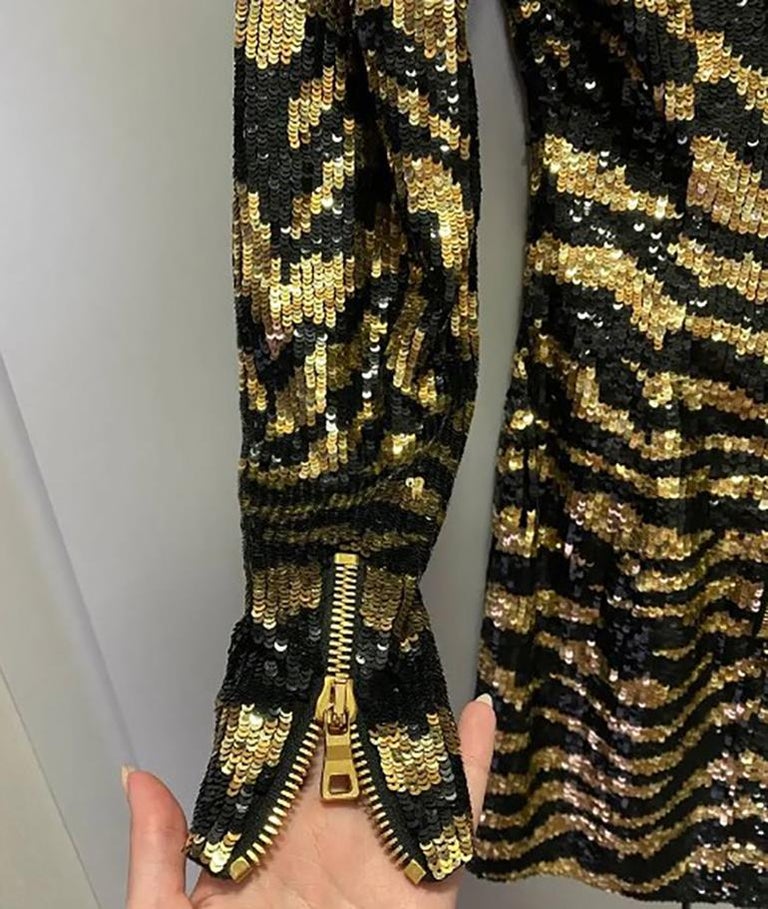 BALMAIN SEQUINED TIGER-STRIPE MINI DRESS in BLACK and GOLD Sz FR 36 For  Sale at 1stDibs