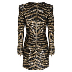 BALMAIN SEQUINED TIGER-STRIPE MINI DRESS in BLACK and GOLD Sz FR 36