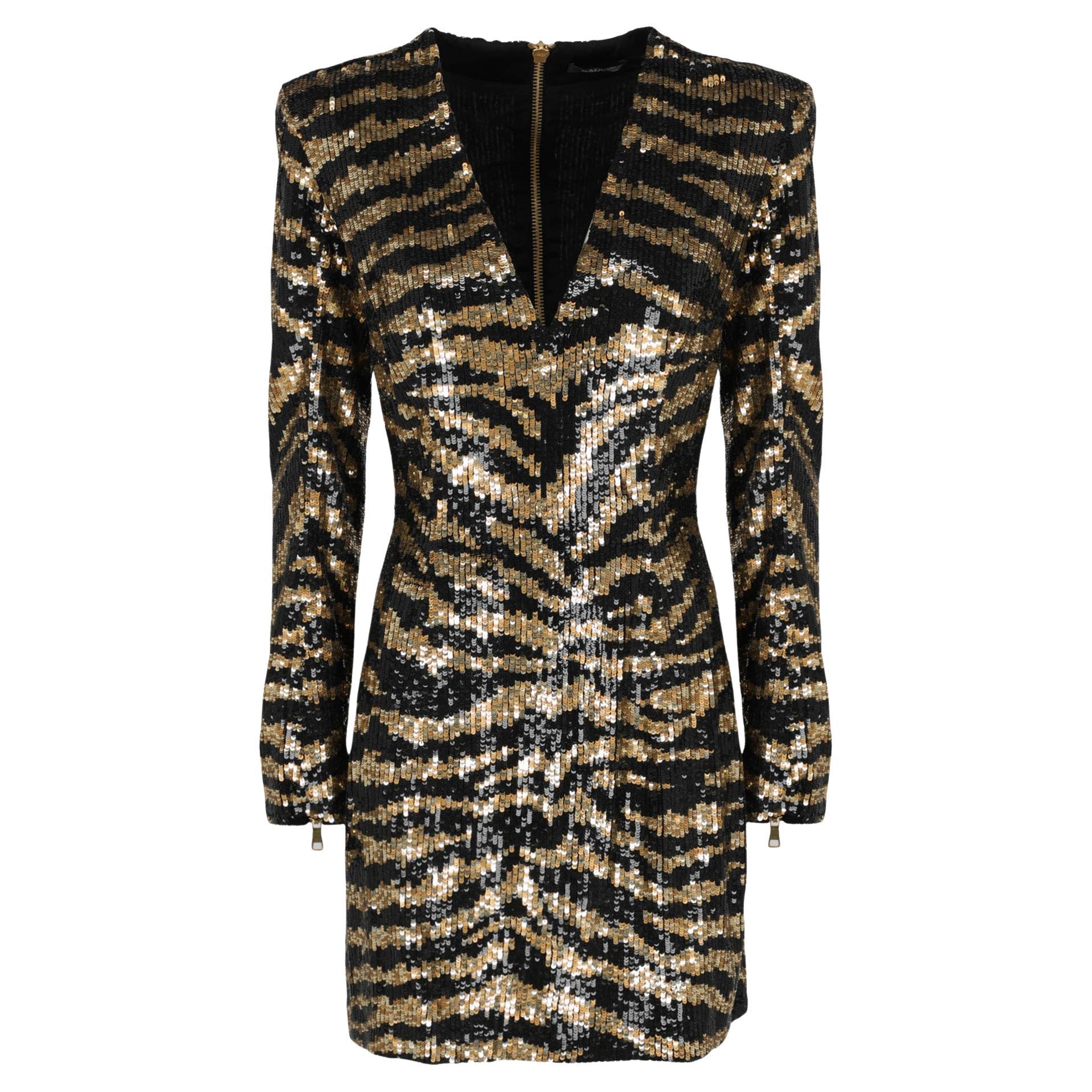 BALMAIN SEQUINED TIGER-STRIPE MINI DRESS in BLACK and GOLD Sz FR 36 For Sale