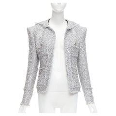 BALMAIN – Jacke mit Kapuze, Metallic-Bouclé-Tweed mit Pailletten und markanten Schultern, Größe FR36 S