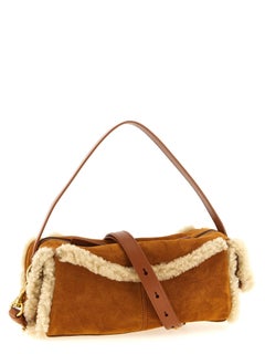 Balmain Shearling-Trimmed Suede Shoulder Bag — Brown