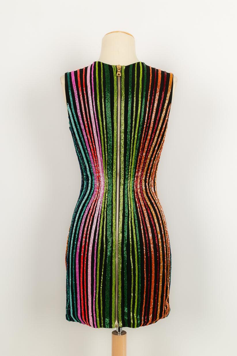 Balmain Short Sleeveless Dress Fully Sewn with Multicolored Beads In Excellent Condition In SAINT-OUEN-SUR-SEINE, FR
