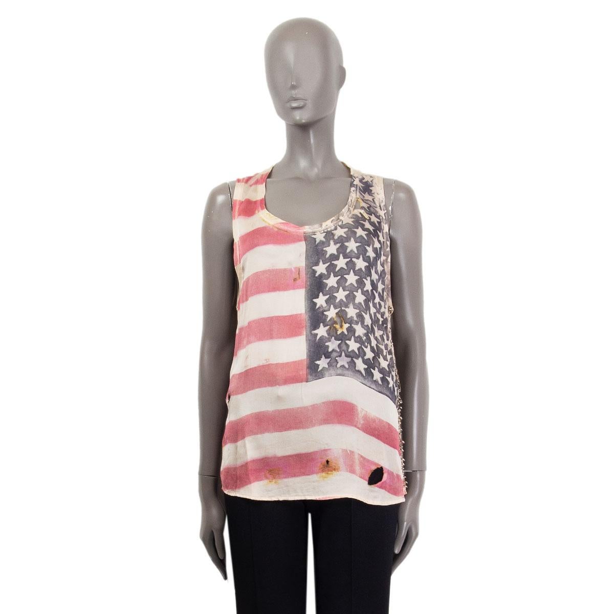 Balmain distressed and embellished flag print tank-top in off-white, red and pale blue silk (100%). Safety pins along the side seem. Has been worn and is in excellent condition. 

Tag Size 38
Size S
Bust 102cm (39.8in)
Waist 104cm (40.6in)
Hips