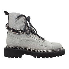 Balmain Silver Glitter Chain Combat Boots