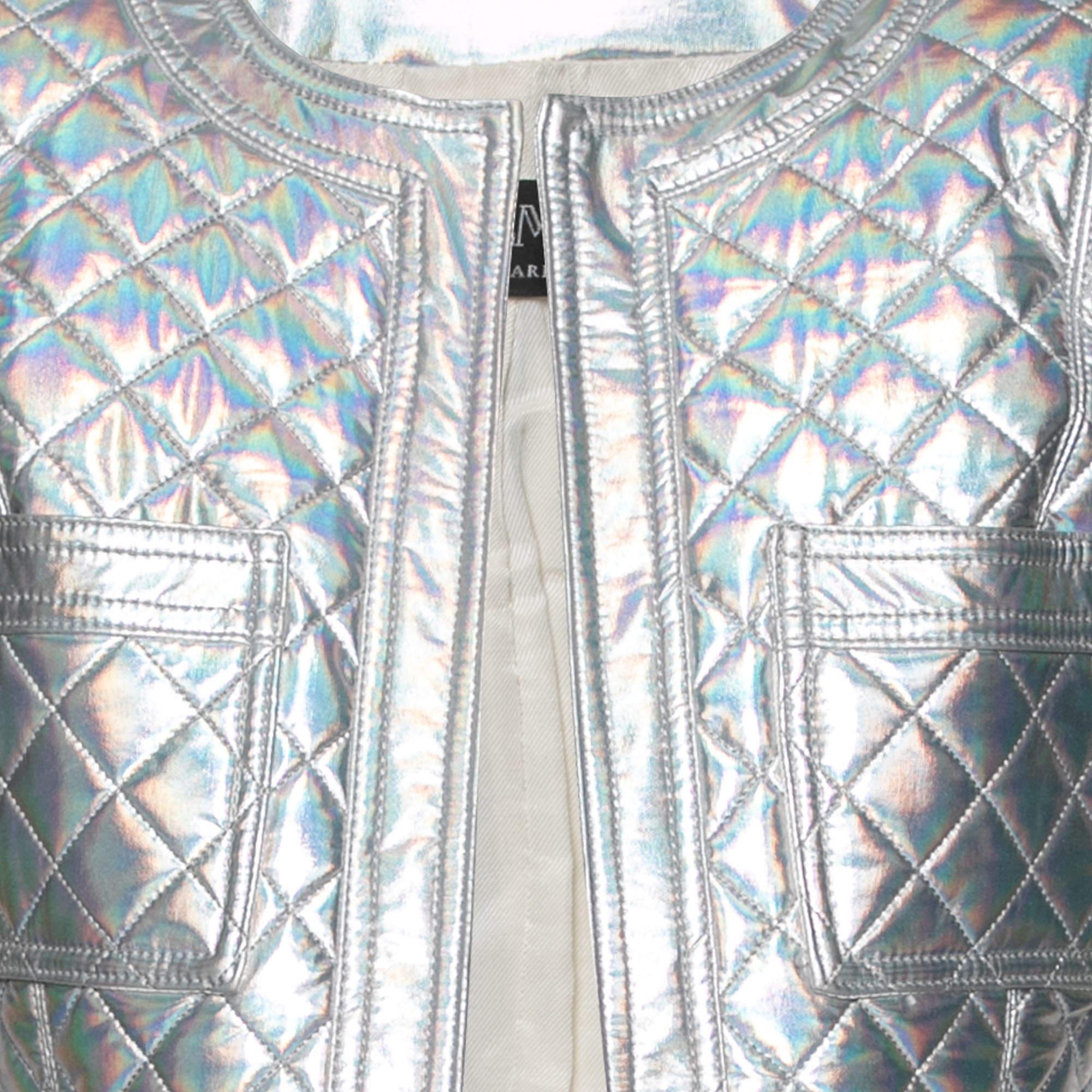 Argent Balmain Silver Holographic Quilted Open Front Jacket M.
