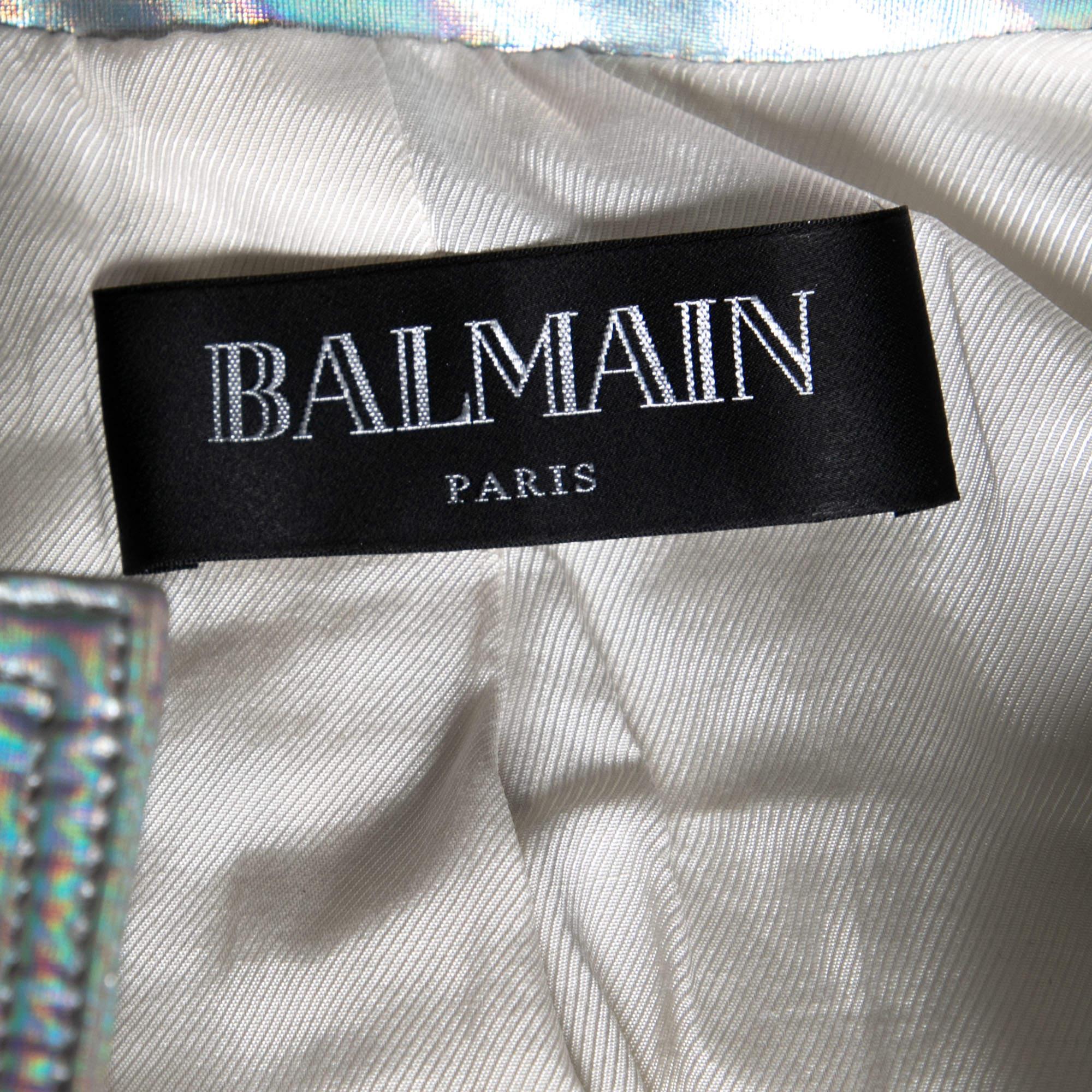 Balmain Silver Holographic Quilted Open Front Jacket M. Bon état à Dubai, Al Qouz 2