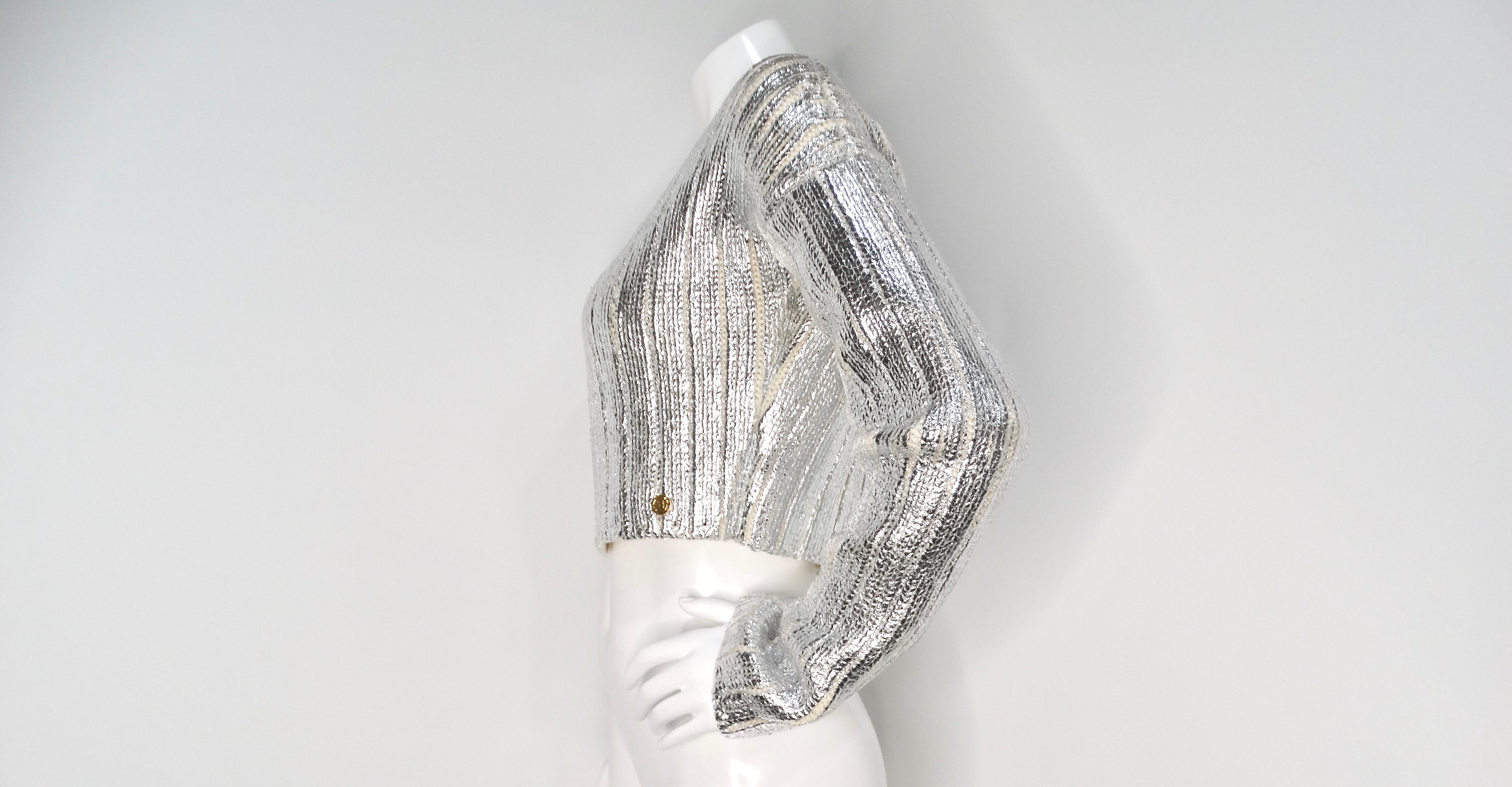 Balmain Silver Metallic Cropped Knit Sweater In Good Condition For Sale In Scottsdale, AZ
