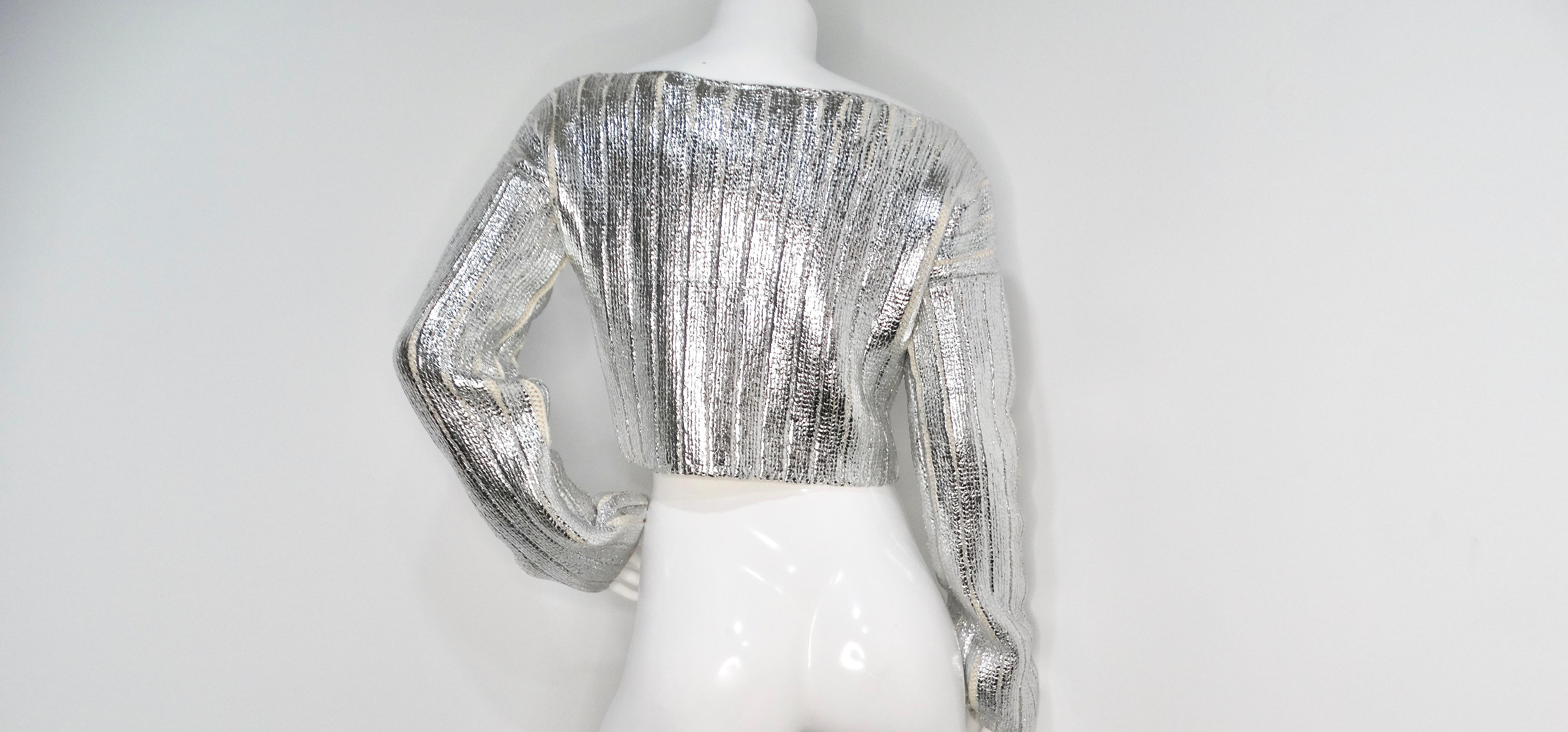 Balmain Silver Metallic Cropped Knit Sweater For Sale 1