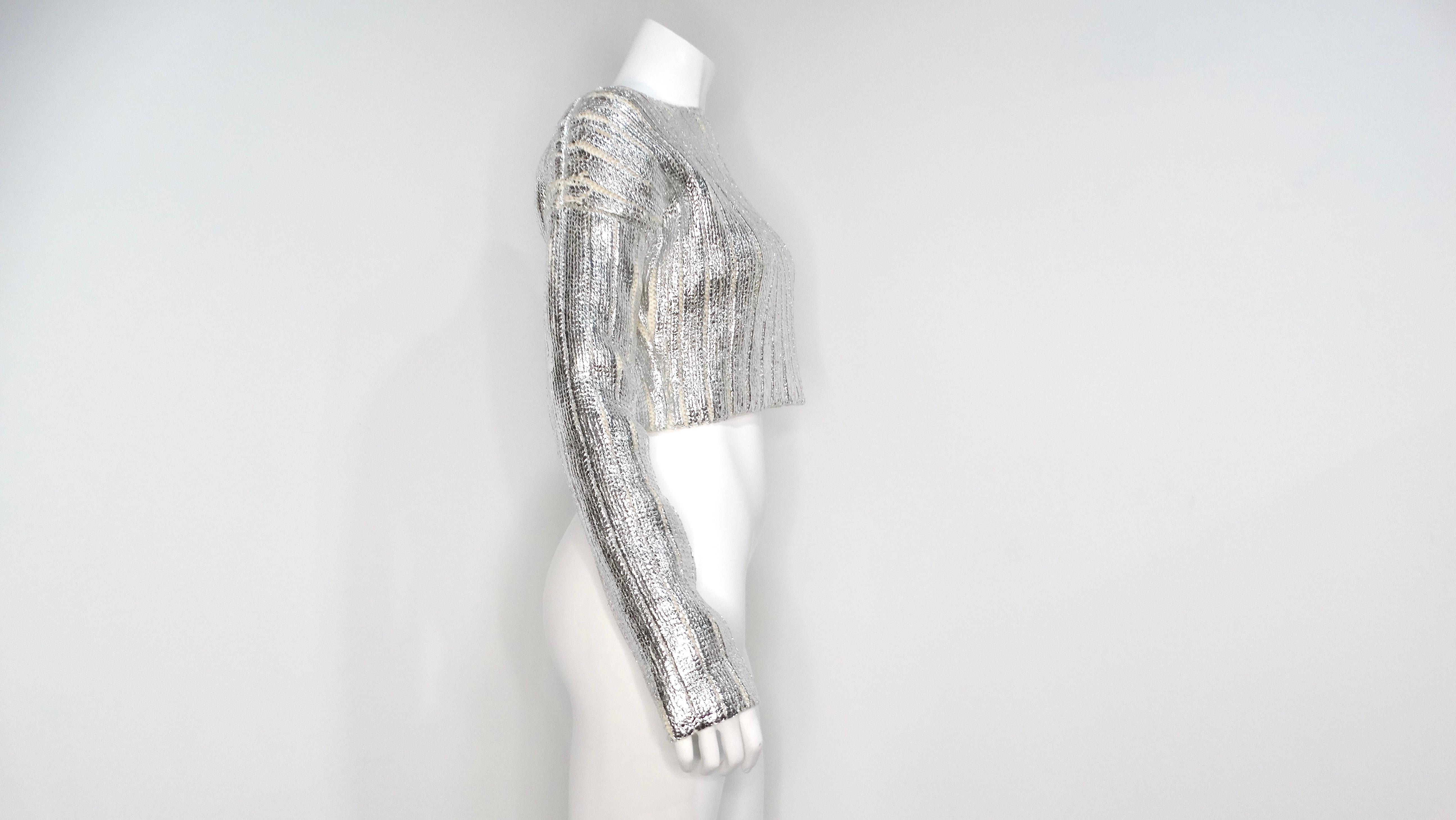 Balmain Silver Metallic Cropped Knit Sweater For Sale 2
