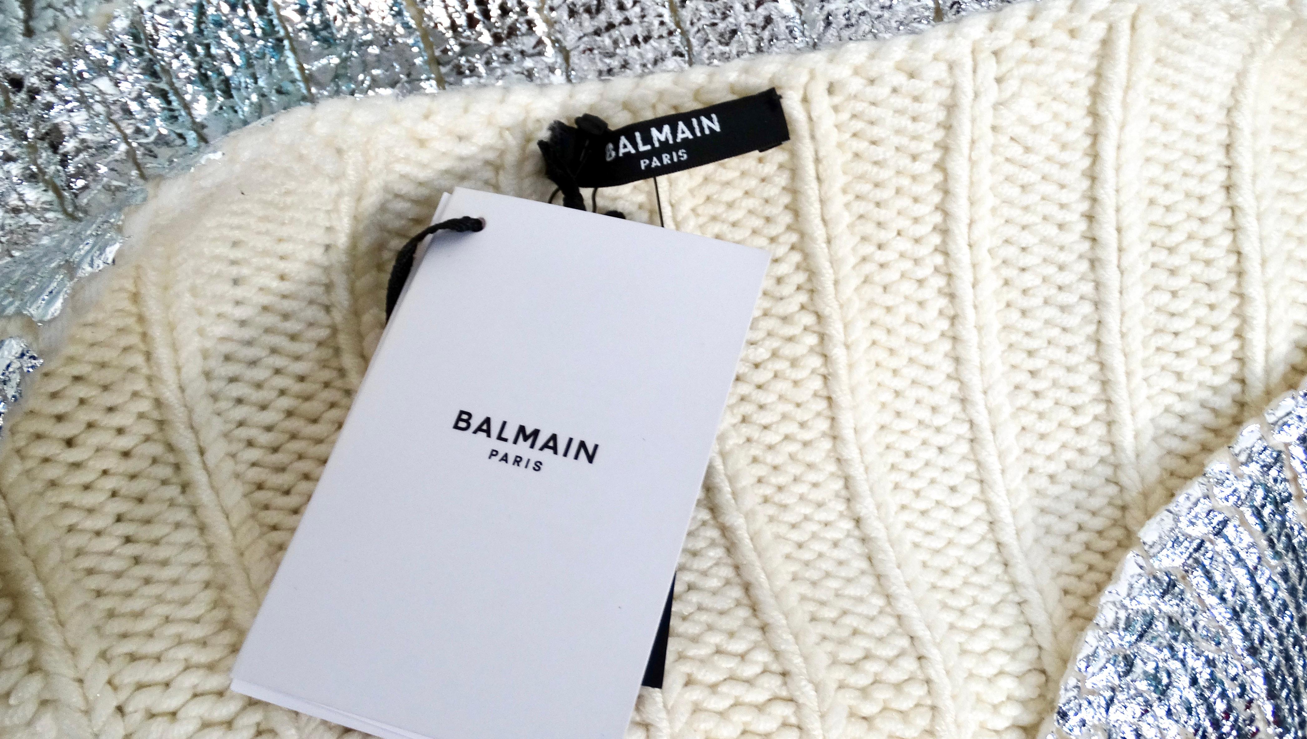 Balmain Silver Metallic Cropped Knit Sweater For Sale 3