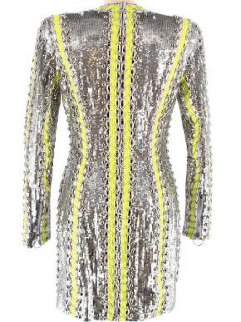 Balmain Silver and Neon Sequin ZipFront Mini Dress For Sale at 1stDibs