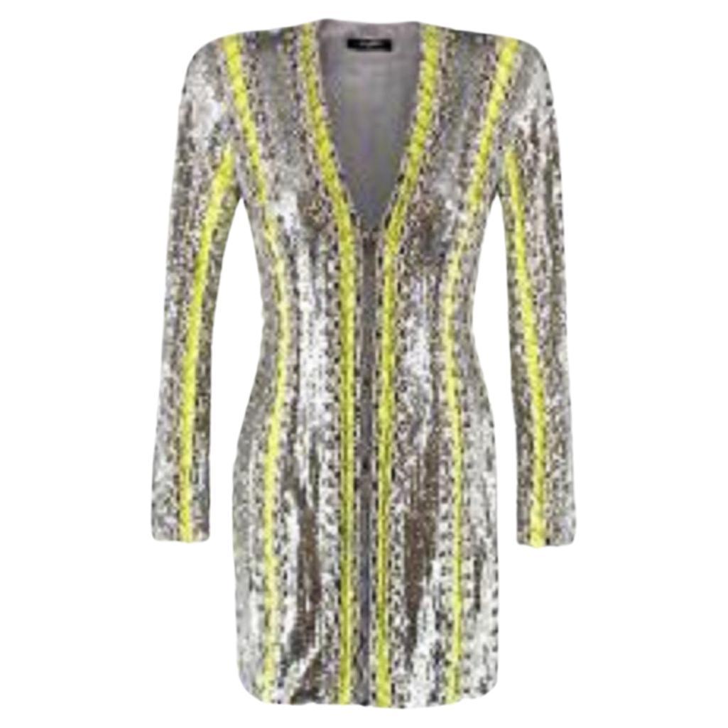 Balmain Silver and Neon Sequin Zip-Front Mini Dress For Sale at 1stDibs