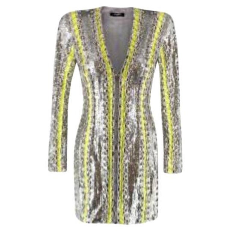 Balmain Silver and Neon Sequin Zip-Front Mini Dress For Sale at 1stDibs