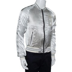 Balmain Silver Satin Logo Embroidered Medallion Bomber Jacket XS