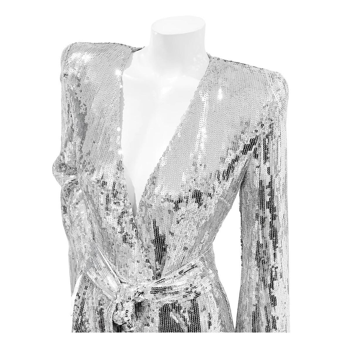 Balmain Silver Sequin Fringed Gown In Excellent Condition In Los Angeles, CA