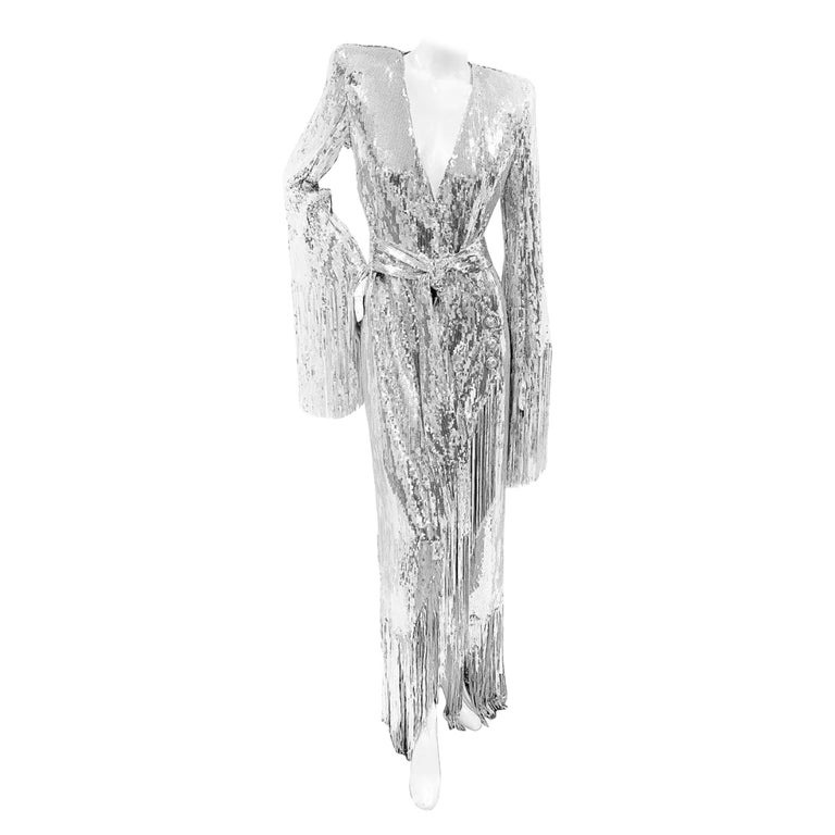 Balmain Silver Sequin Fringed Gown at 1stDibs