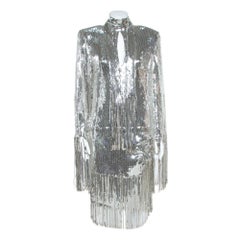 Balmain Silver Sequined Fringed Scarf Dress M