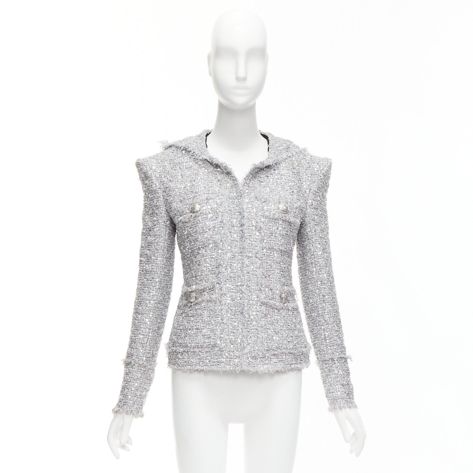 BALMAIN silver sequinned boucle tweed hooded power shoulder jacket FR36 S For Sale 6