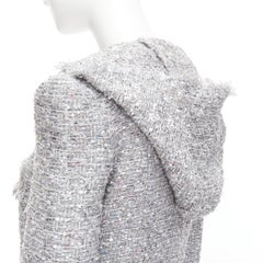 BALMAIN silver sequinned boucle tweed hooded power shoulder jacket FR36 S