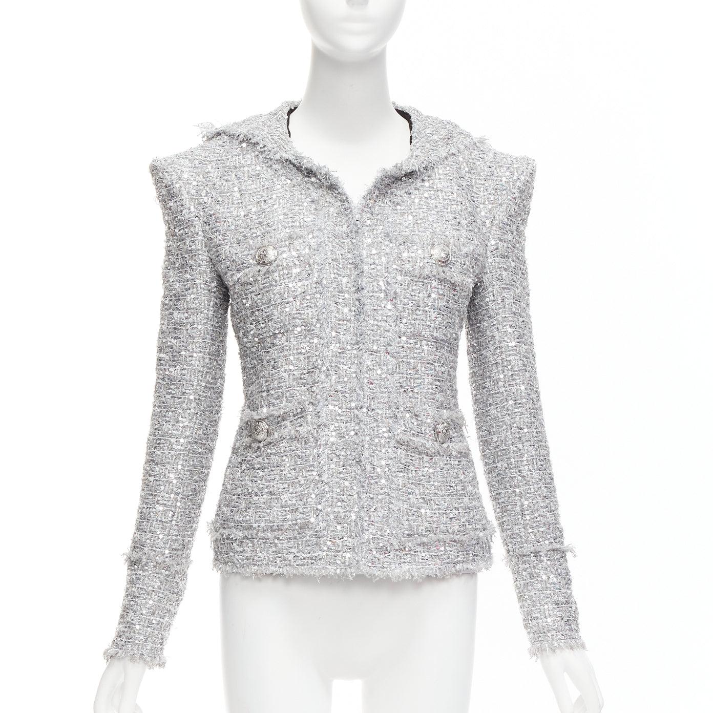 BALMAIN silver sequinned boucle tweed hooded power shoulder jacket FR36 S In Excellent Condition For Sale In Hong Kong, NT