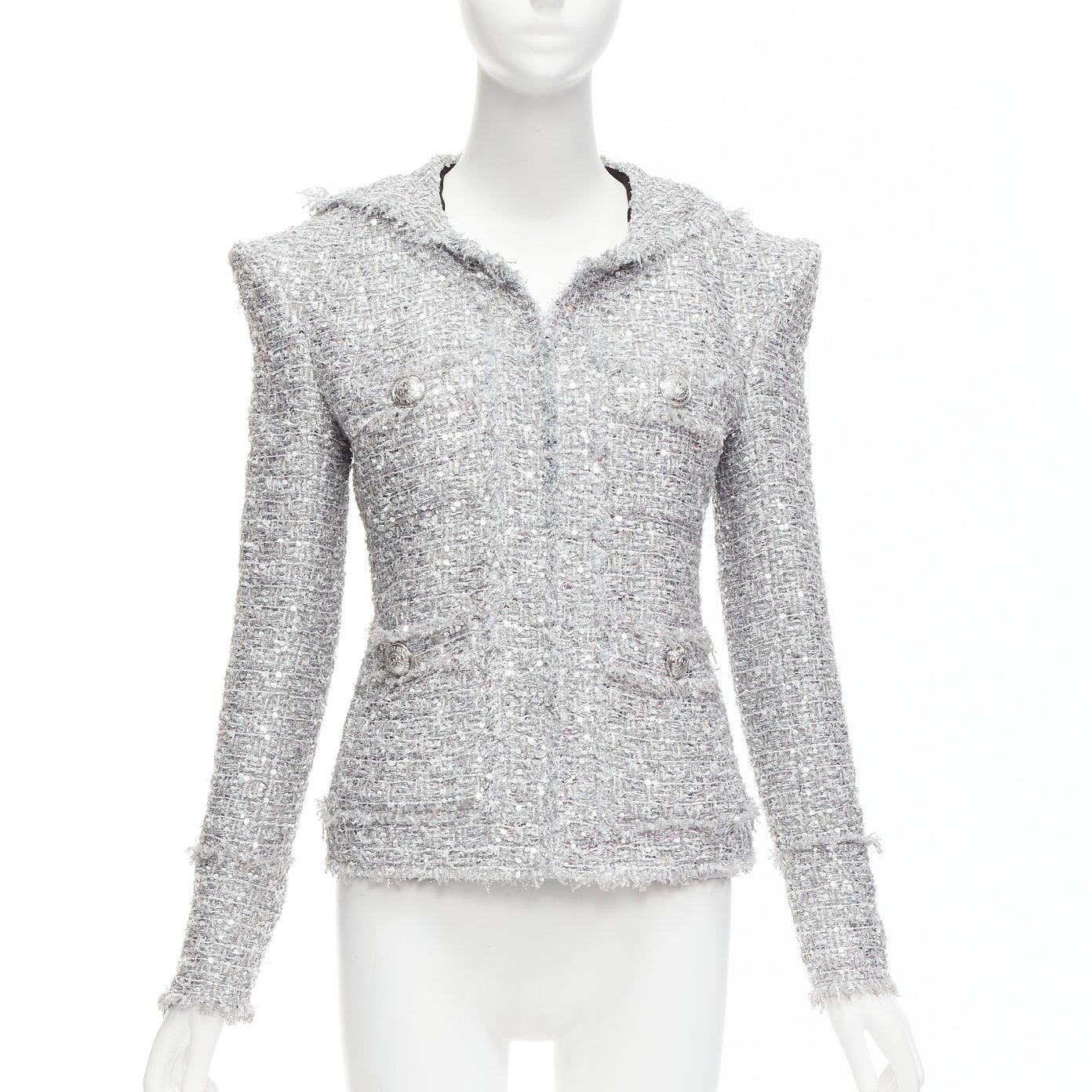 Argento Balmain argento con paillettes e tweed con cappuccio, giacca a spalla FR36 S in vendita