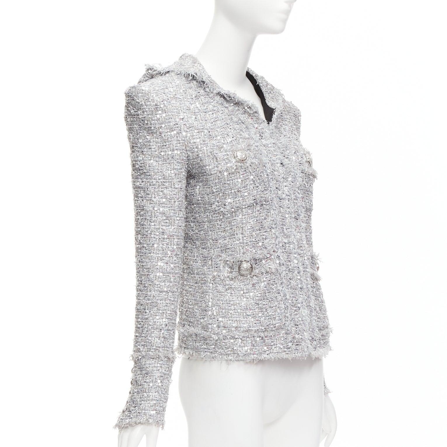 Women's BALMAIN silver sequinned boucle tweed hooded power shoulder jacket FR36 S For Sale