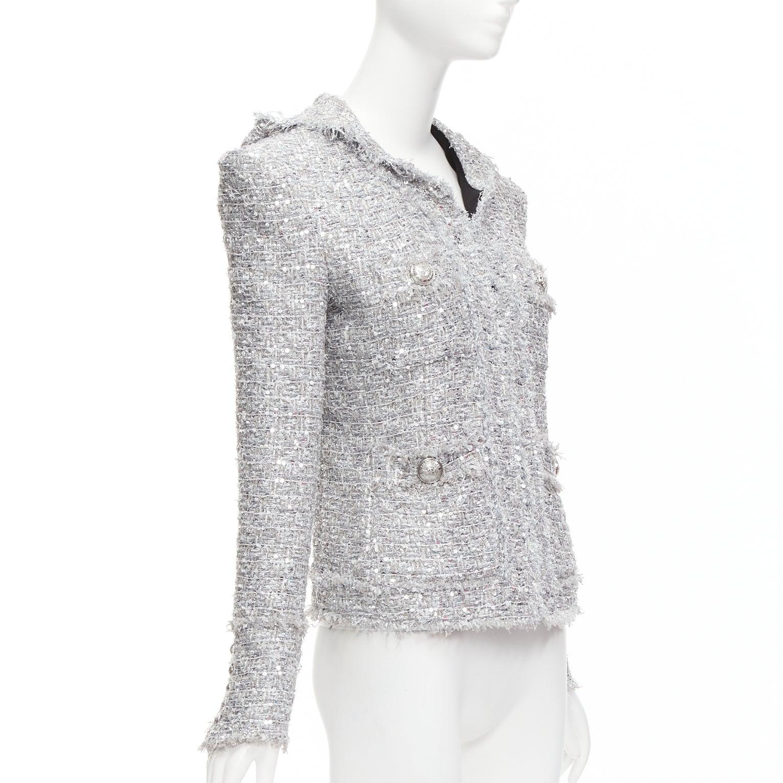 Balmain argento con paillettes e tweed con cappuccio, giacca a spalla FR36 S In condizioni ottime in vendita a Hong Kong, NT