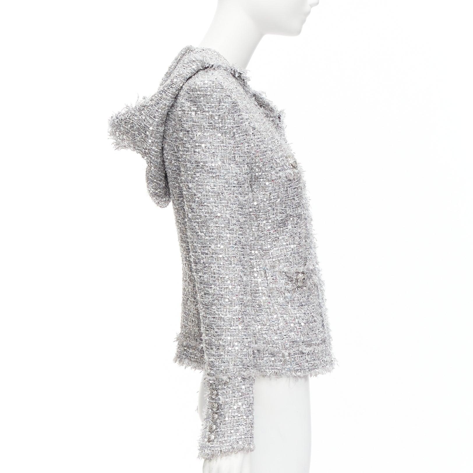 Donna Balmain argento con paillettes e tweed con cappuccio, giacca a spalla FR36 S in vendita