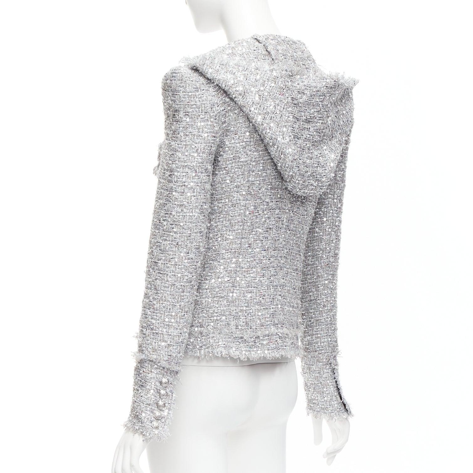 BALMAIN silver sequinned boucle tweed hooded power shoulder jacket FR36 S For Sale 3