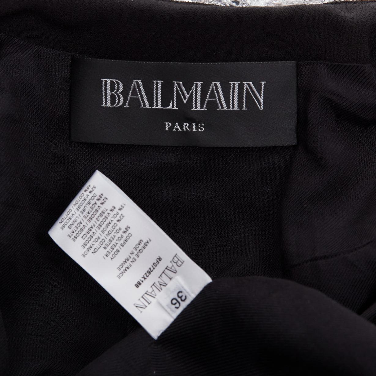 BALMAIN silver sequinned boucle tweed hooded power shoulder jacket FR36 S For Sale 5