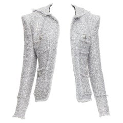 BALMAIN silver sequinned boucle tweed hooded power shoulder jacket FR36 S
