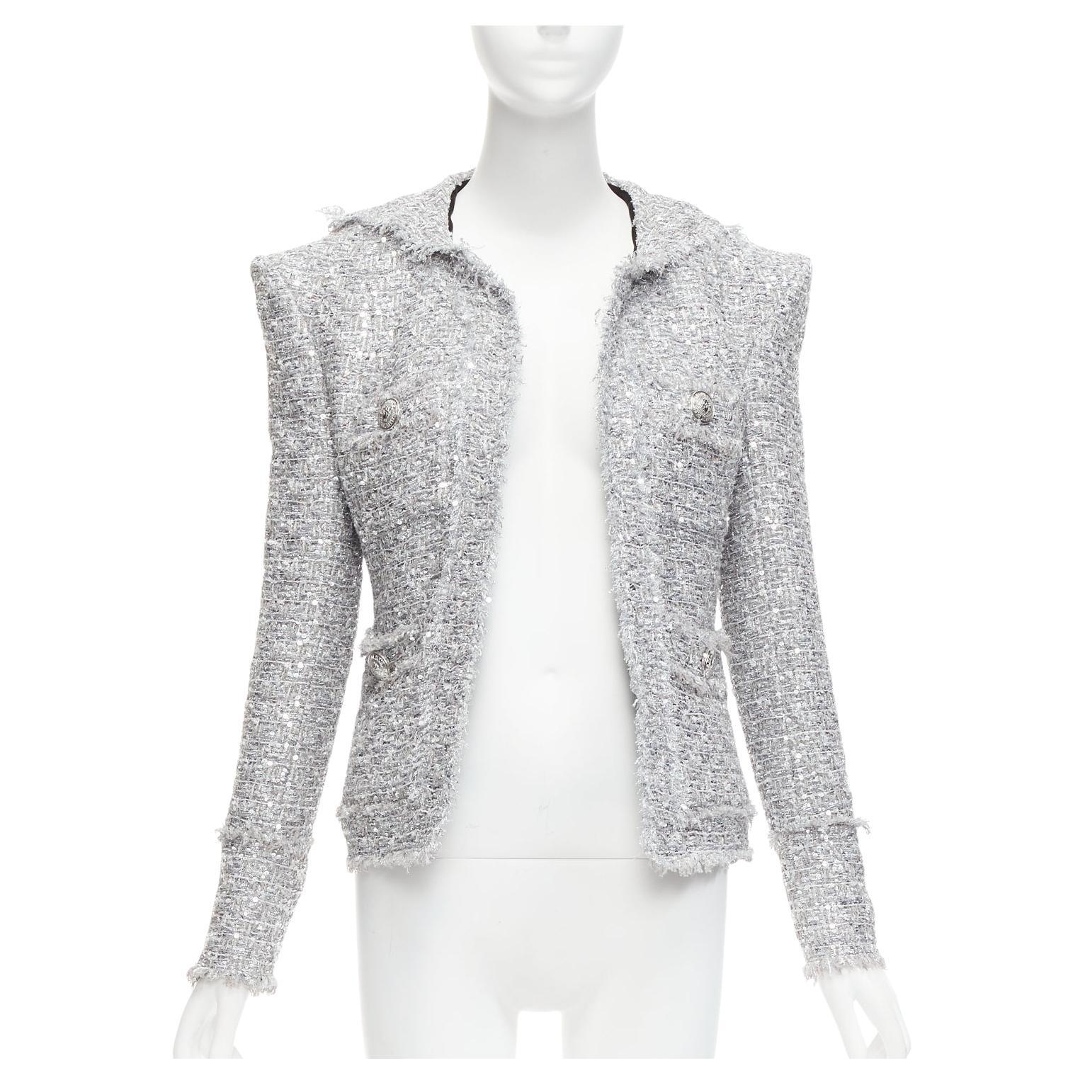 BALMAIN silver sequinned boucle tweed hooded power shoulder jacket FR36 S