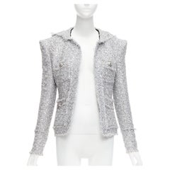 BALMAIN silberne, paillettenbesetzte, Boucle-Tweed-Umhängetasche mit Kapuze FR36 S