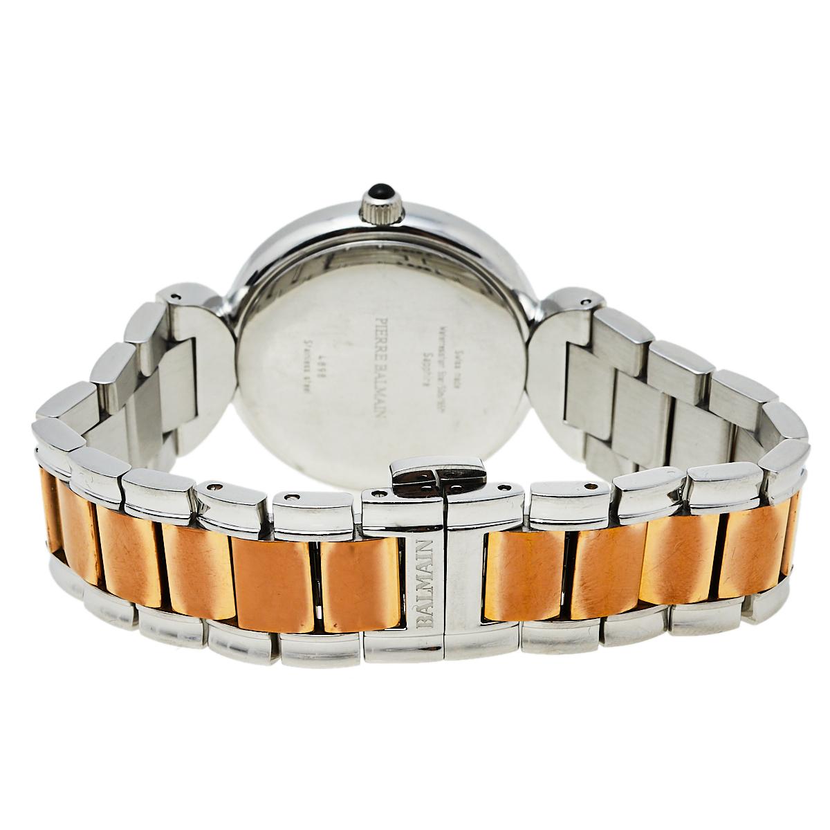 From the Madrigal Lady collection of Balmain comes this elegant watch which is rendered in two-toned stainless steel. It has a rounded gold-plated steel bezel which features a textured dial detailed with stud hour markers and two hands. The