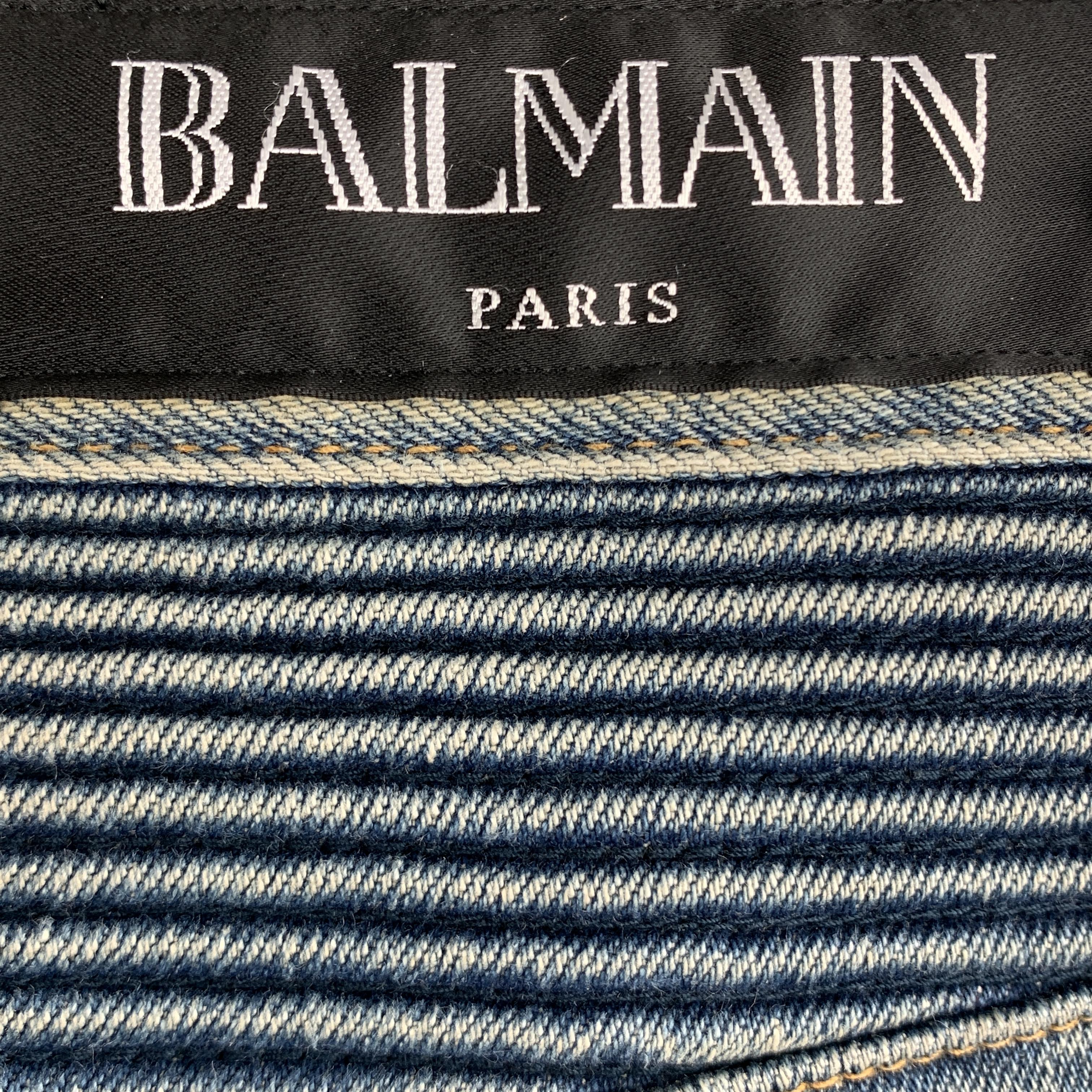 BALMAIN Size 28 x 31 Indigo Wash Denim Biker Jeans In Excellent Condition In San Francisco, CA