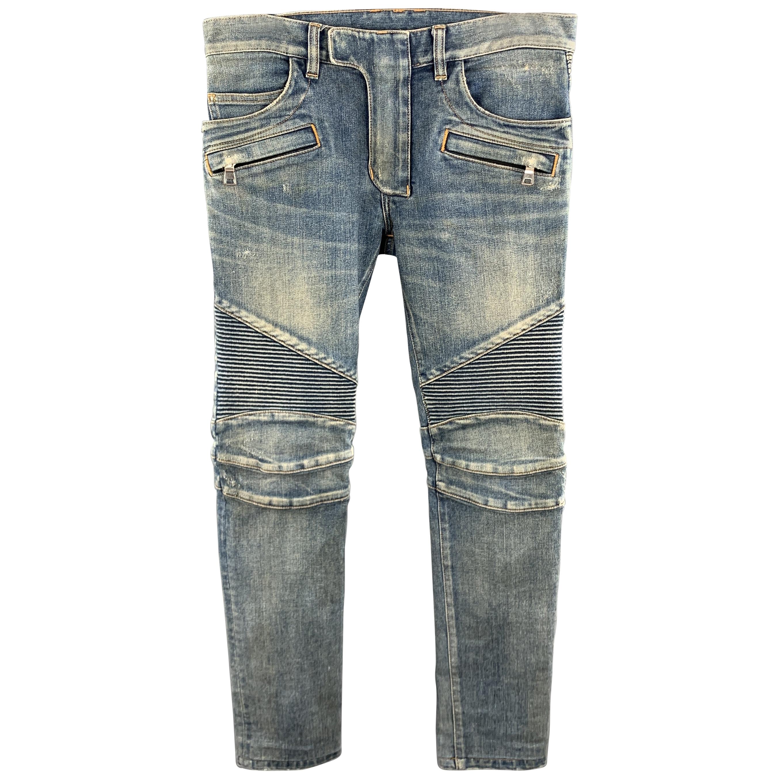 BALMAIN Size 28 x 31 Indigo Wash Denim Biker Jeans at 1stDibs | balmain  s4ht500b406v, s4ht500b406v balmain, mallmains
