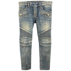 Used BALMAIN Size 28 x 31 Indigo Wash Denim Biker Jeans